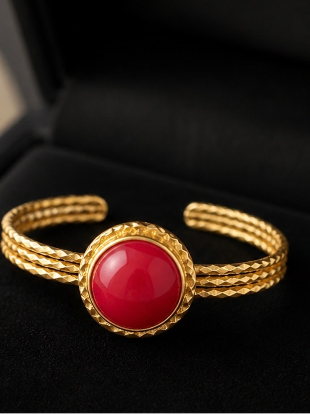 Gold-Tone Cuff Bracelet with RedJasper Stone Center